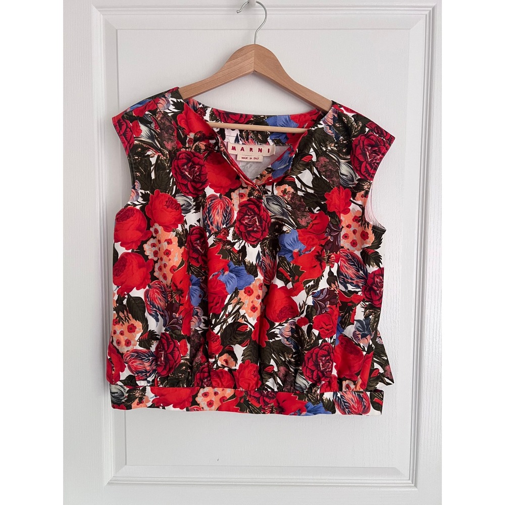 Marni Floral Cotton Blouse Red Blue Button Hem Italian Artsy Resort Quiet Luxury